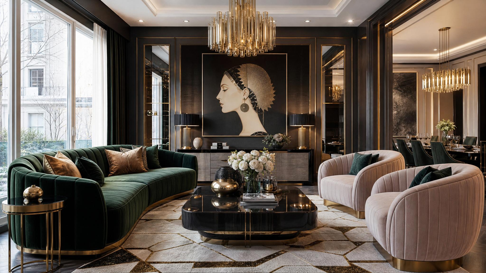 Art Deco living room featuring statement artwork and luxurious textiles.