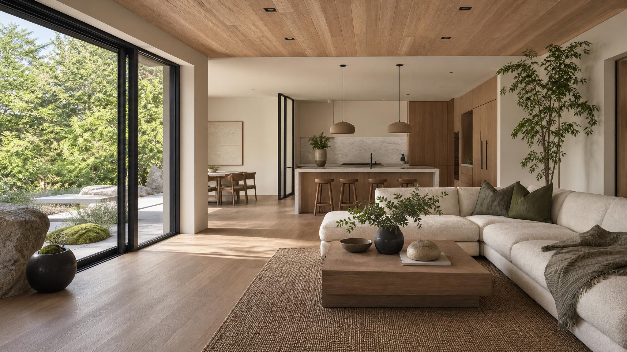 A serene open-plan living room showcasing zen design elements.