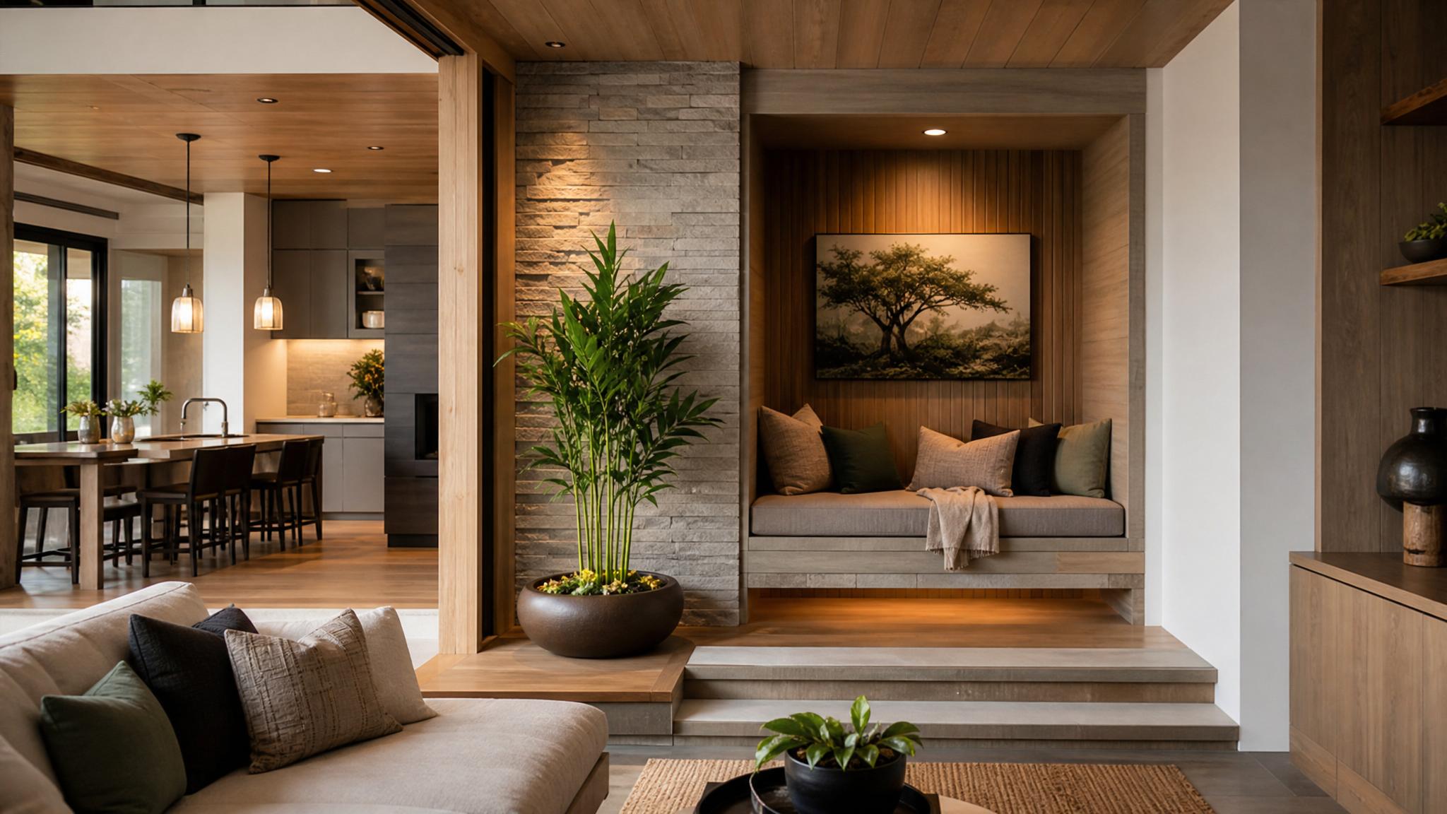 Cozy nook feature in an open-plan living room with zen elements.
