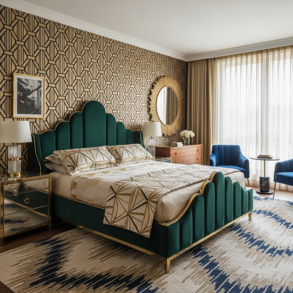 Art deco bedroom design example with geometric patterns and luxurious fabrics.
