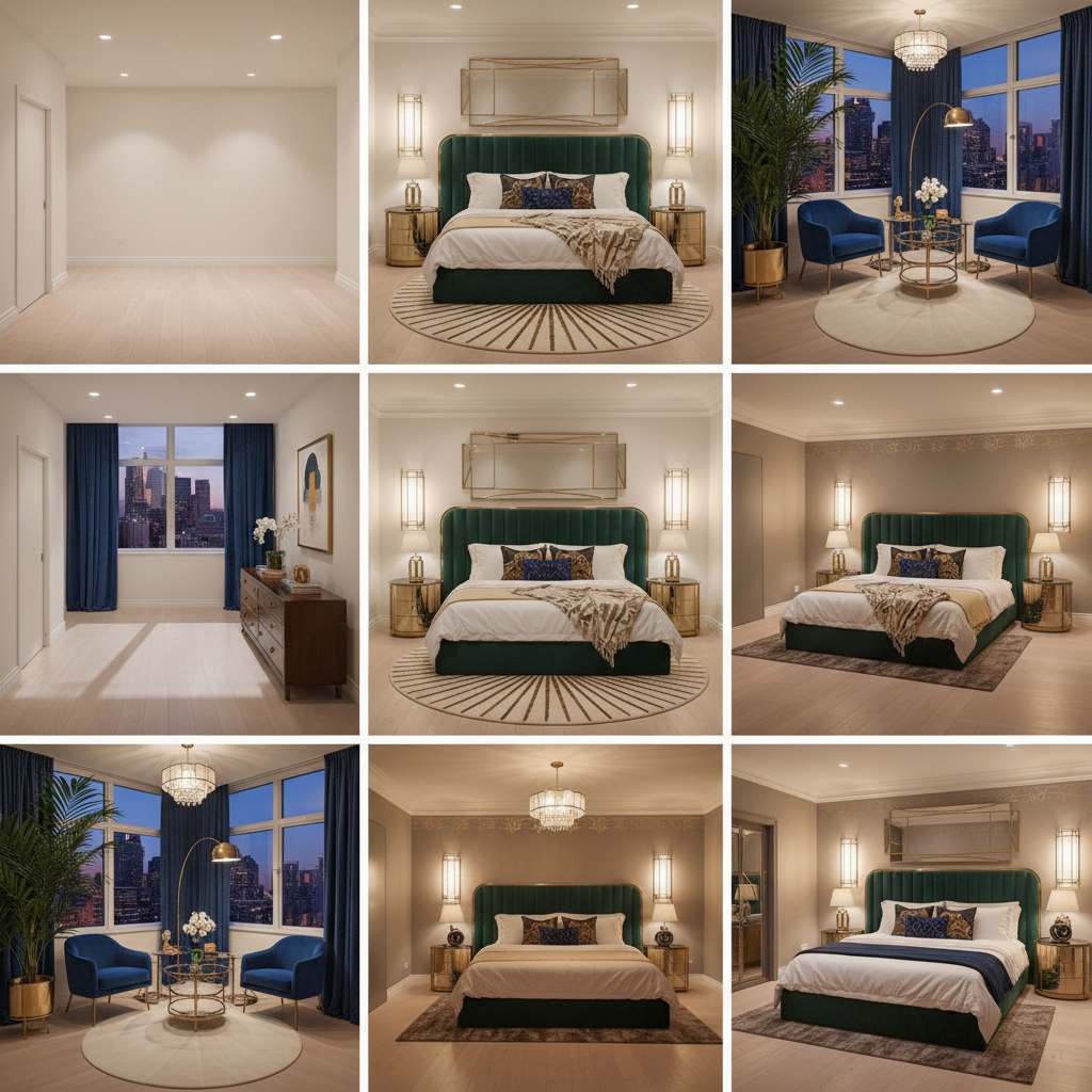Step-by-step visuals of creating an art deco bedroom using AI prompts.