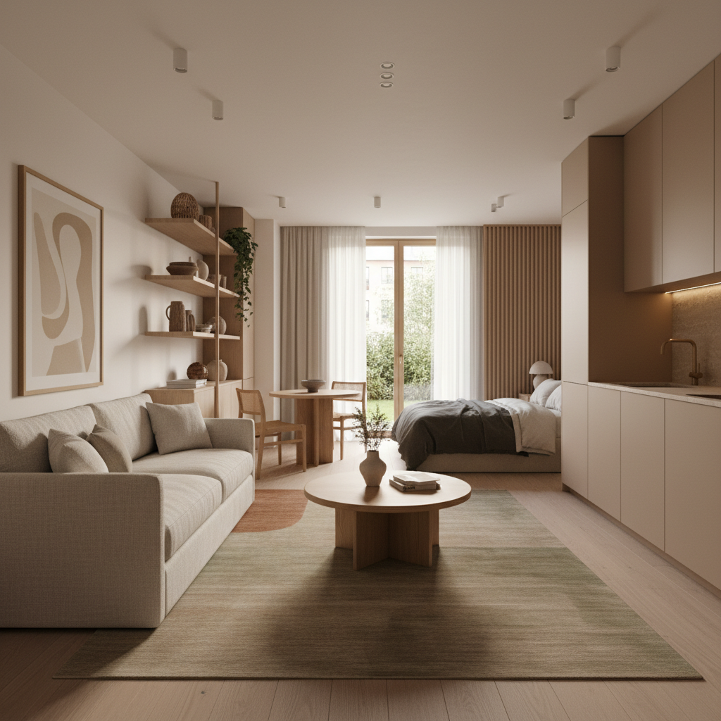 A minimalist studio interior featuring soft earth tones and high-quality materials.