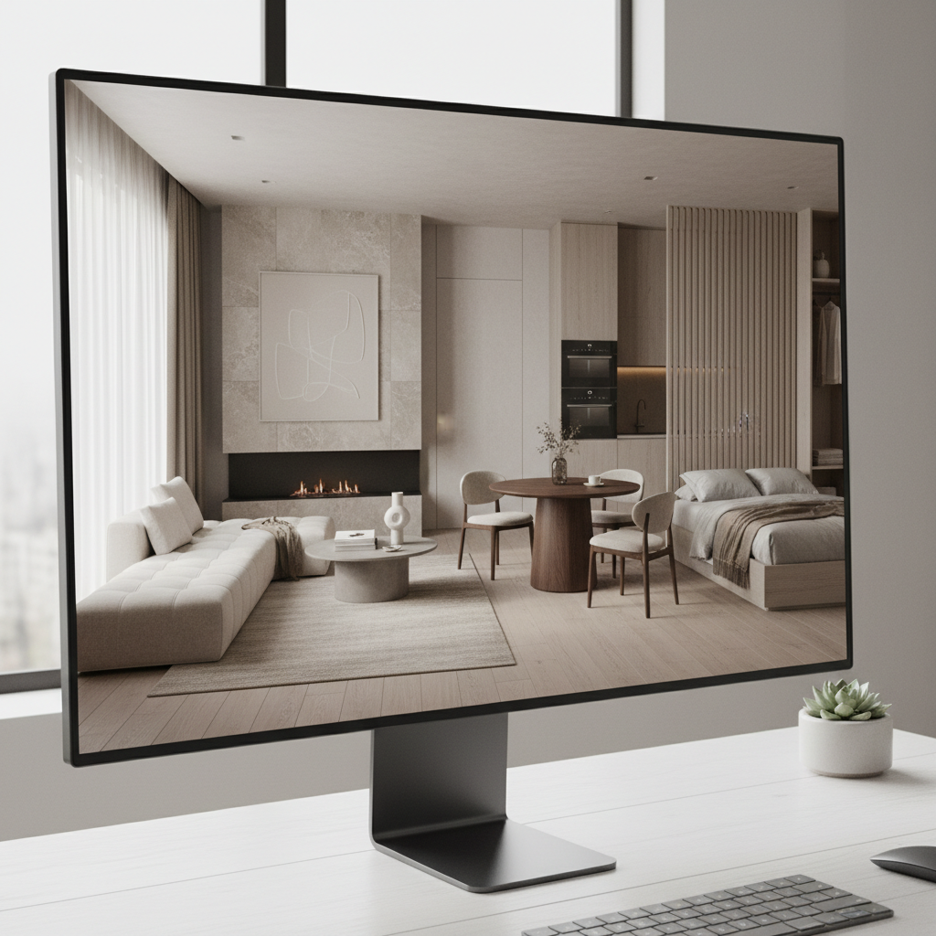 A computer screen displaying an AI-generated interior design layout for a quiet luxury studio.