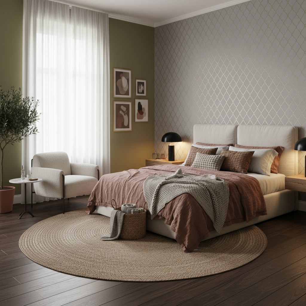 Cozy Italian modern guest bedroom with layered textures