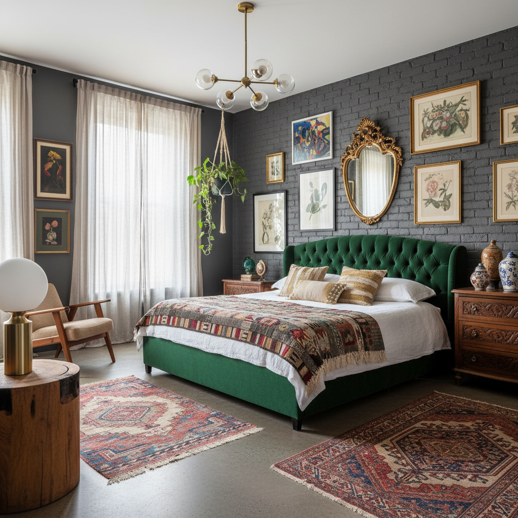 Eclectic master bedroom showcasing various styles