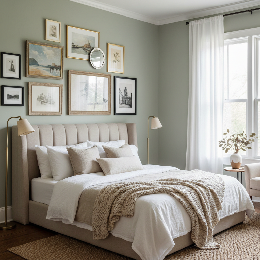 Artistic gallery wall display in bedroom