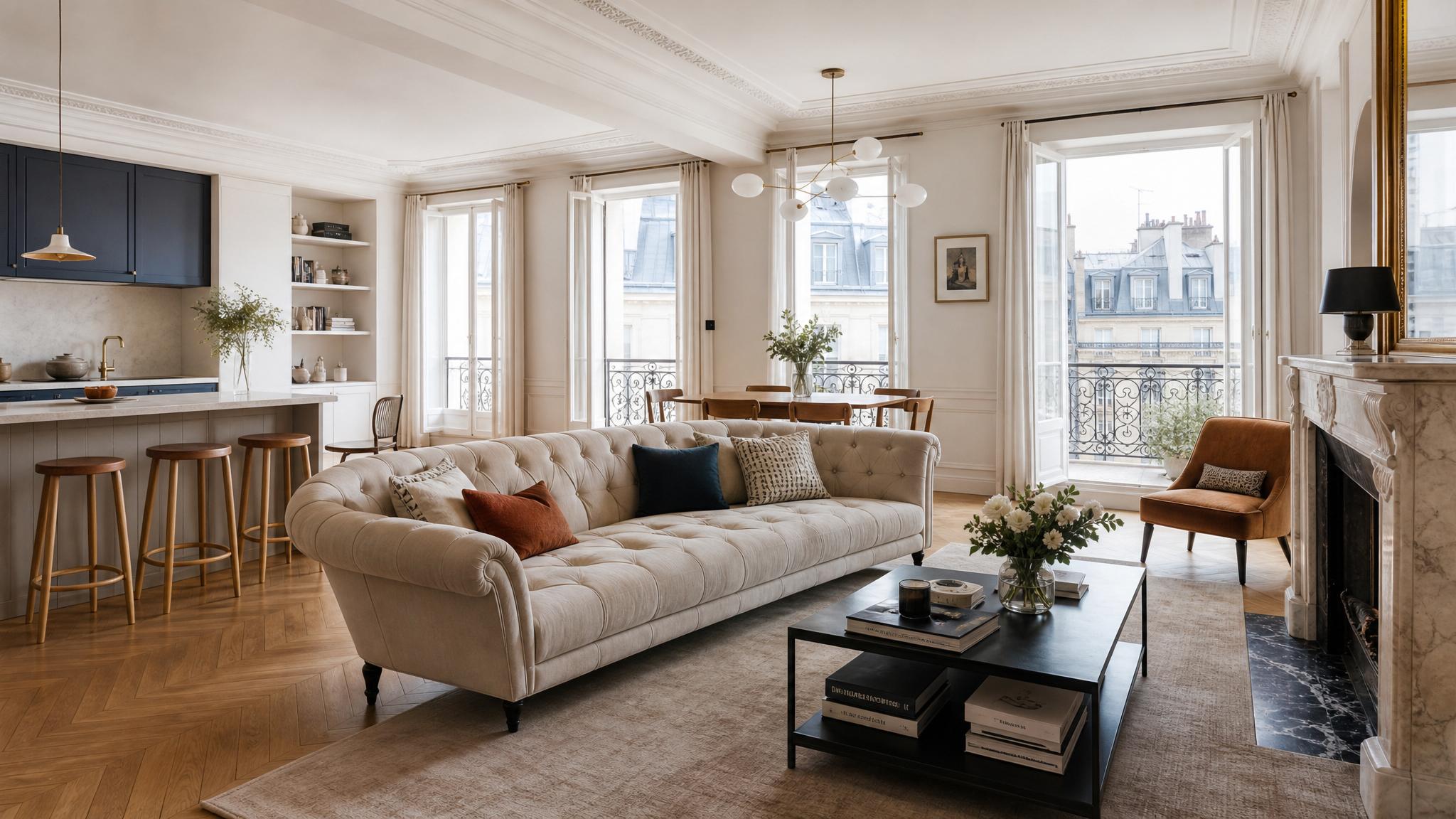 Parisian style open-plan living room example