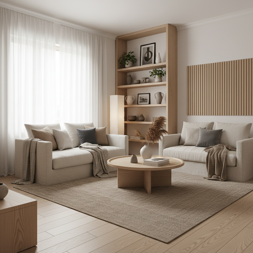 A beautifully designed small living room showcasing Japandi style with wood accents and neutral color palette.