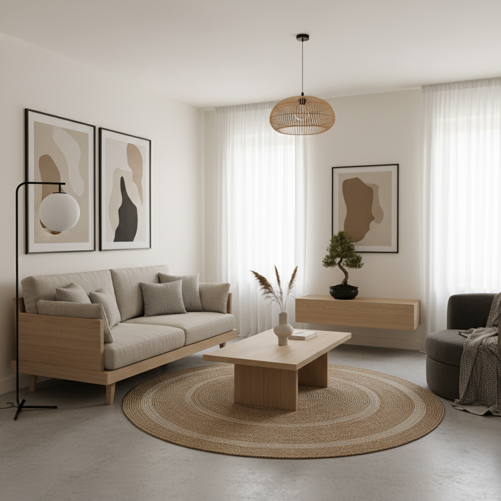 A sample layout of a small living room in Japandi style with minimalist furniture and accessories.
