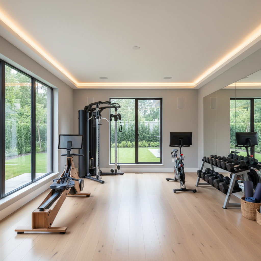 A well-lit home gym with modern equipment.