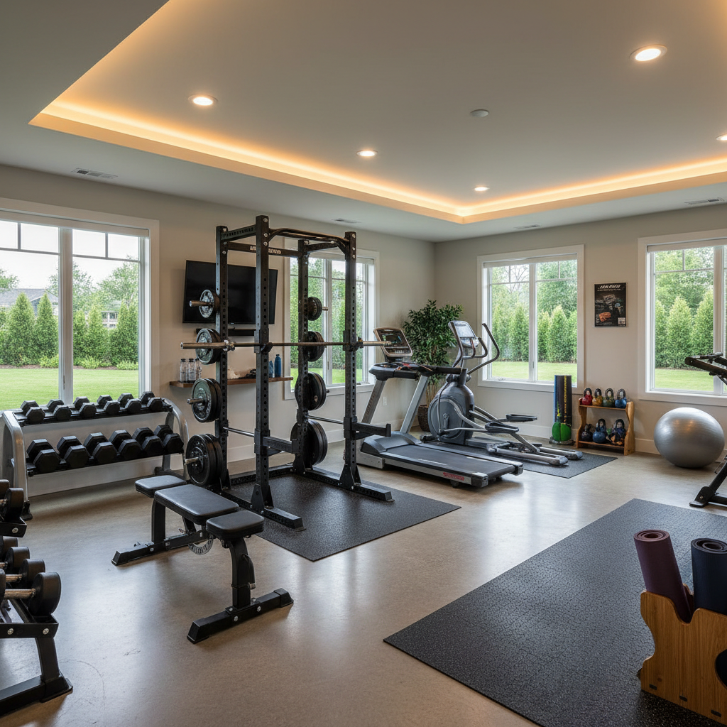 A well-organized home gym showing various equipment.