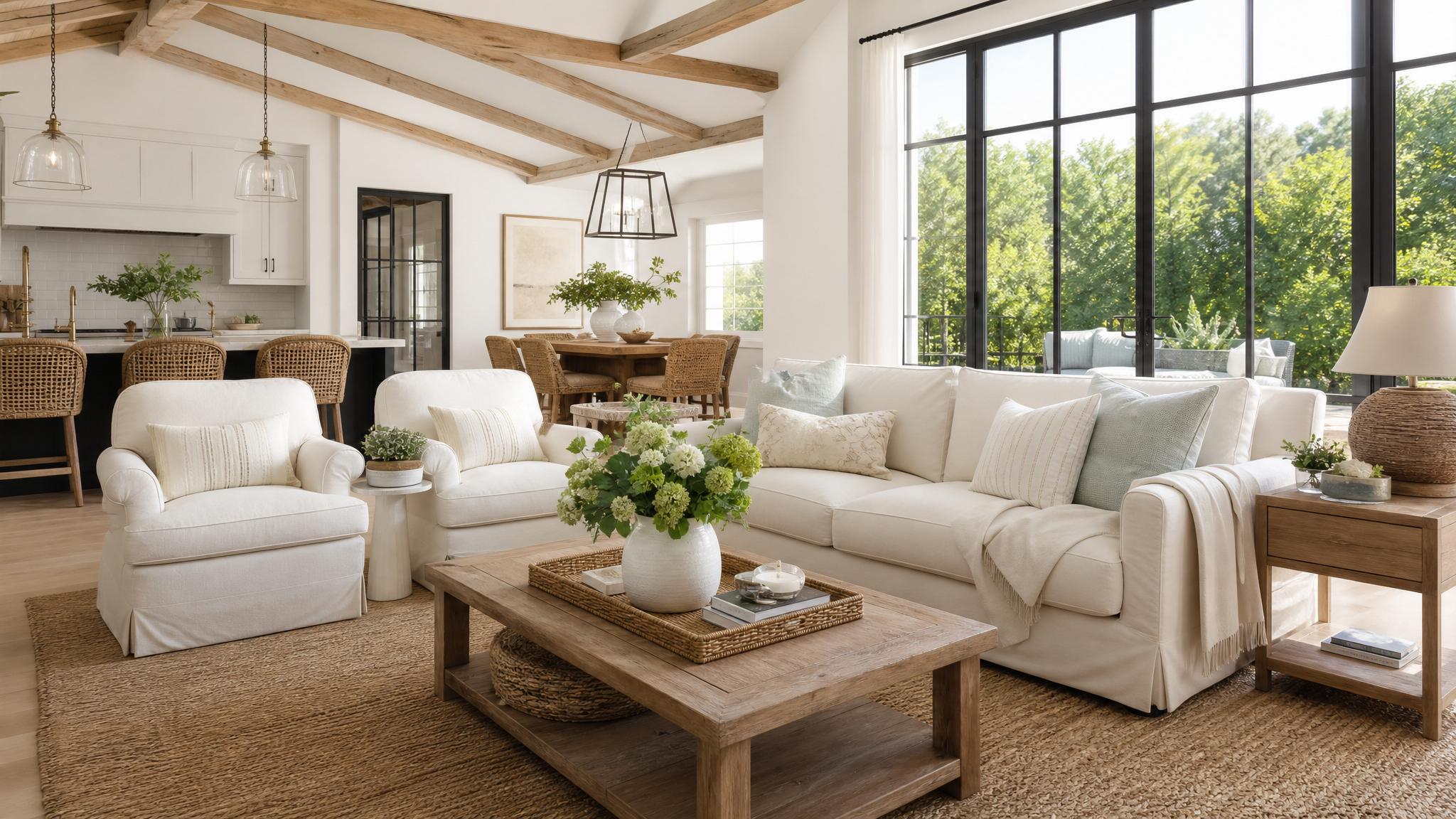 A beautifully staged open-plan living room for summer.