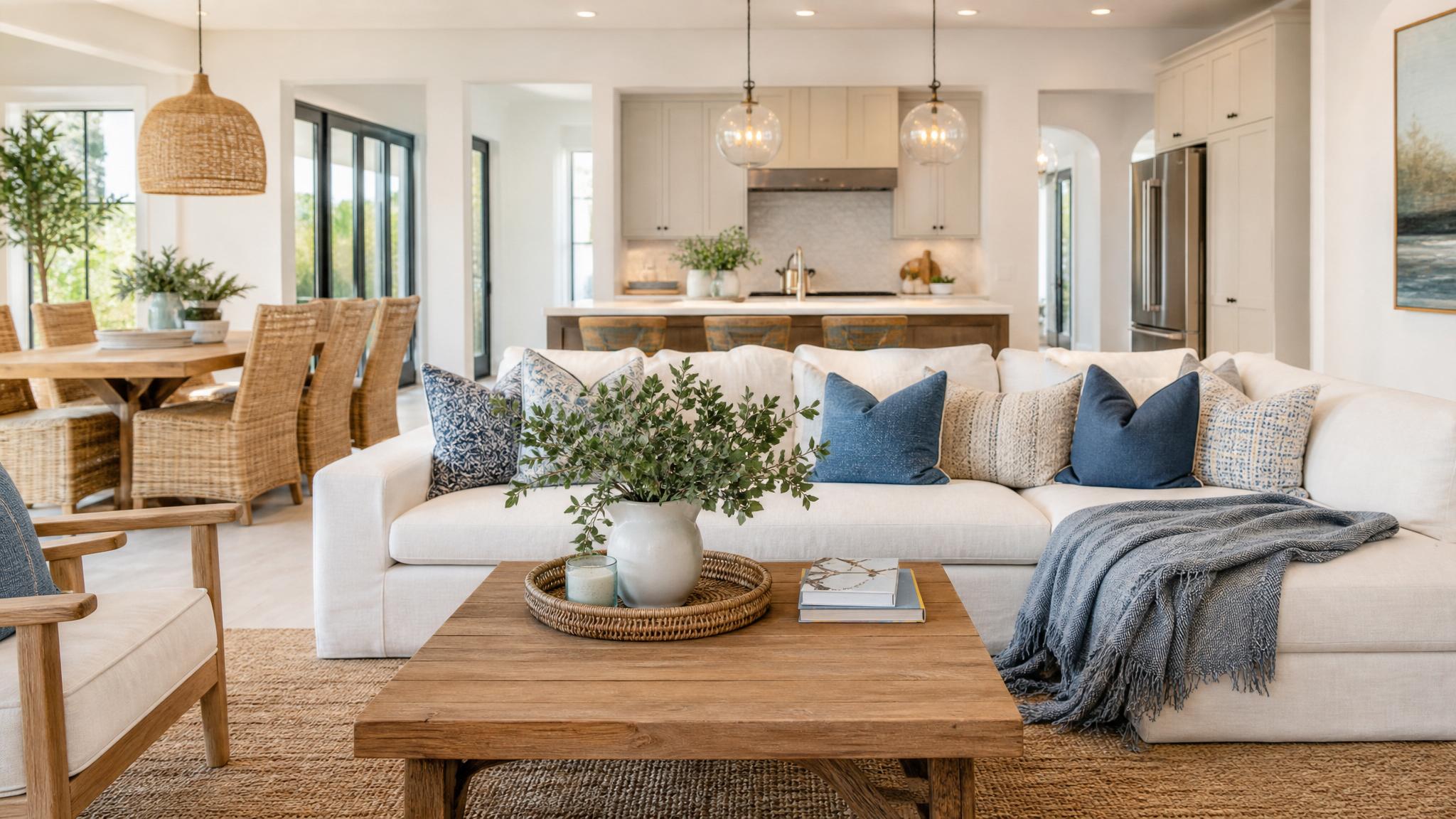 Examples of summer accessories for open-plan living rooms.