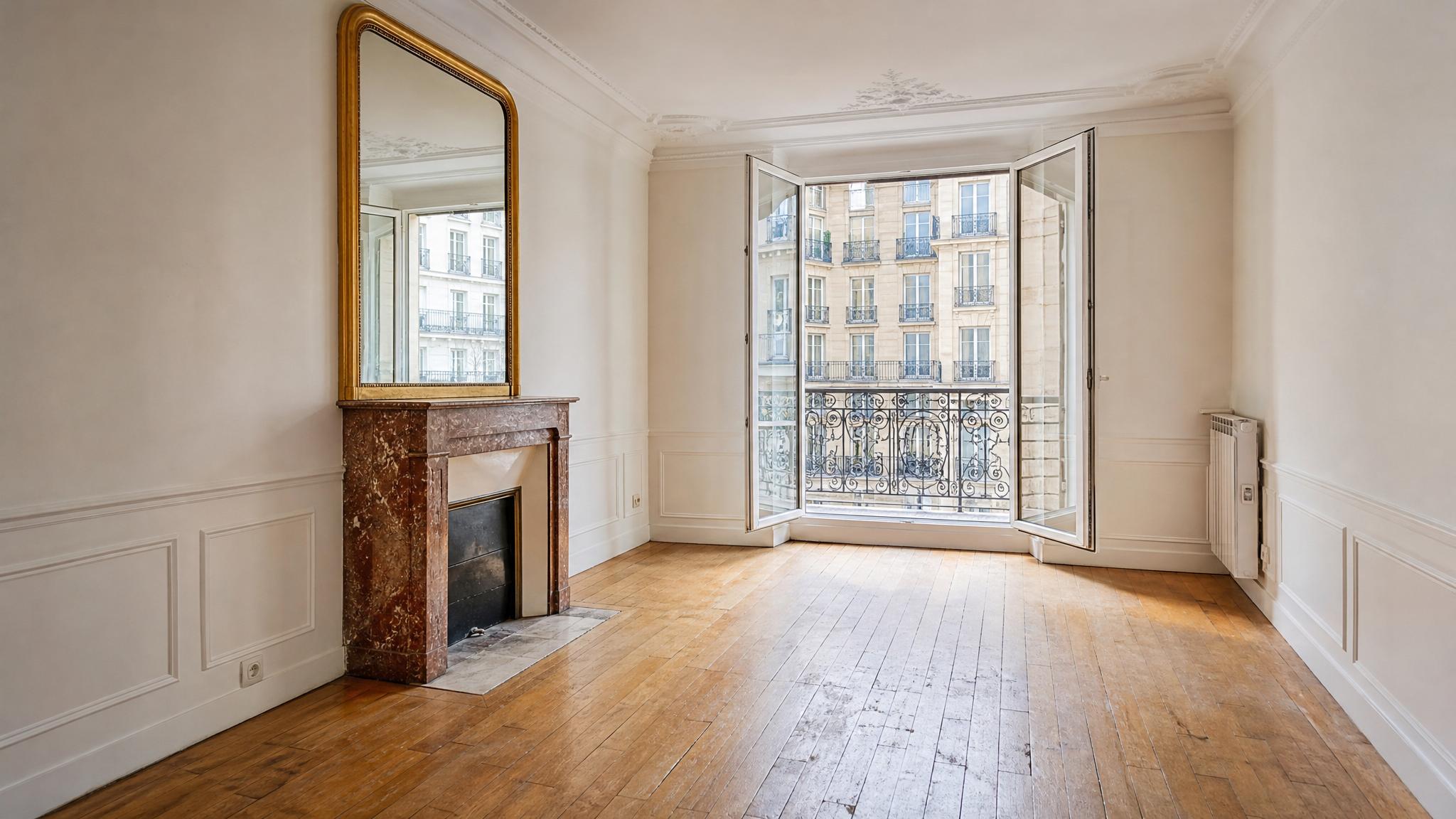 Before transformation image of a small Parisian living room.