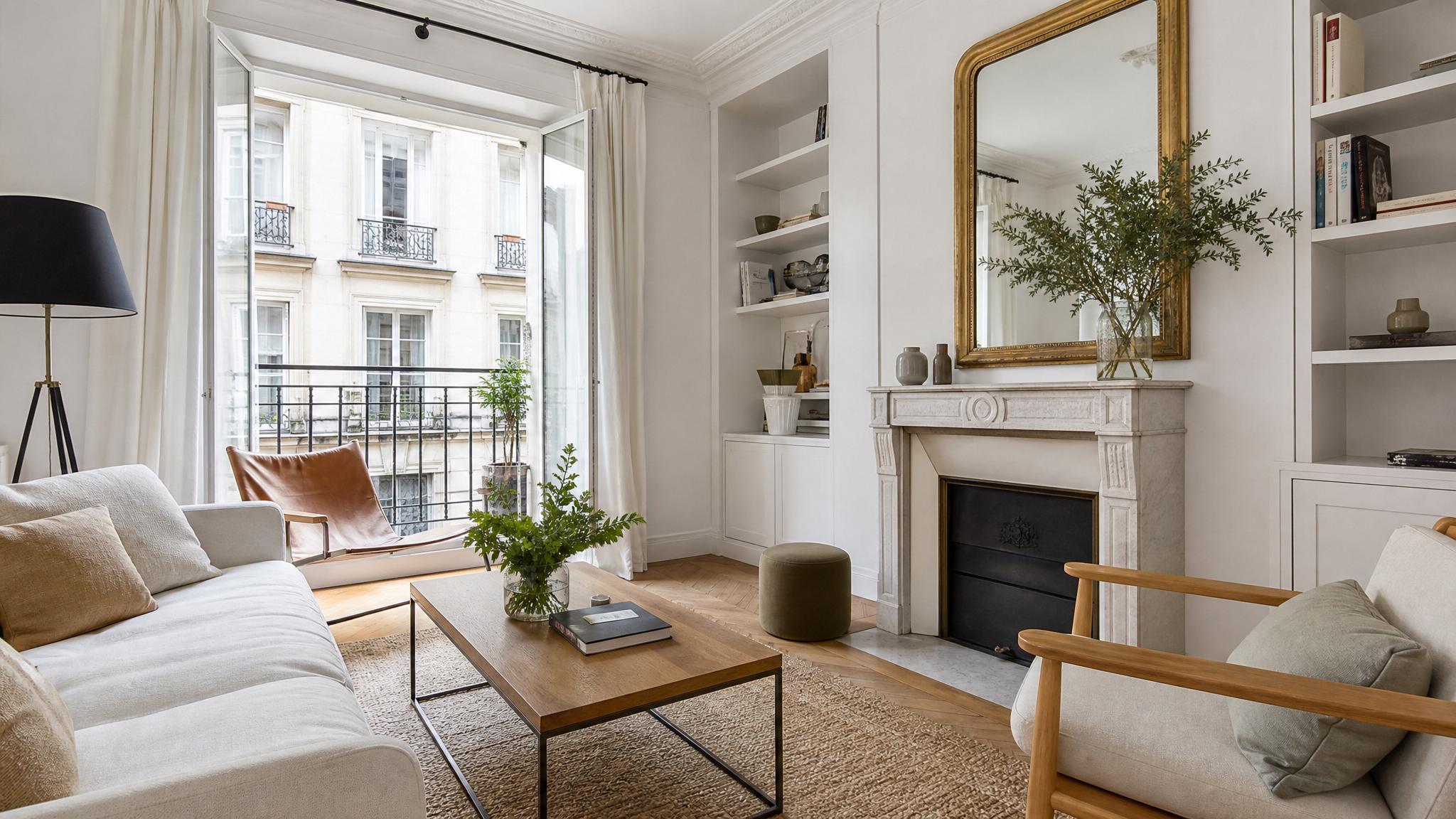 After transformation image of a small Parisian living room.