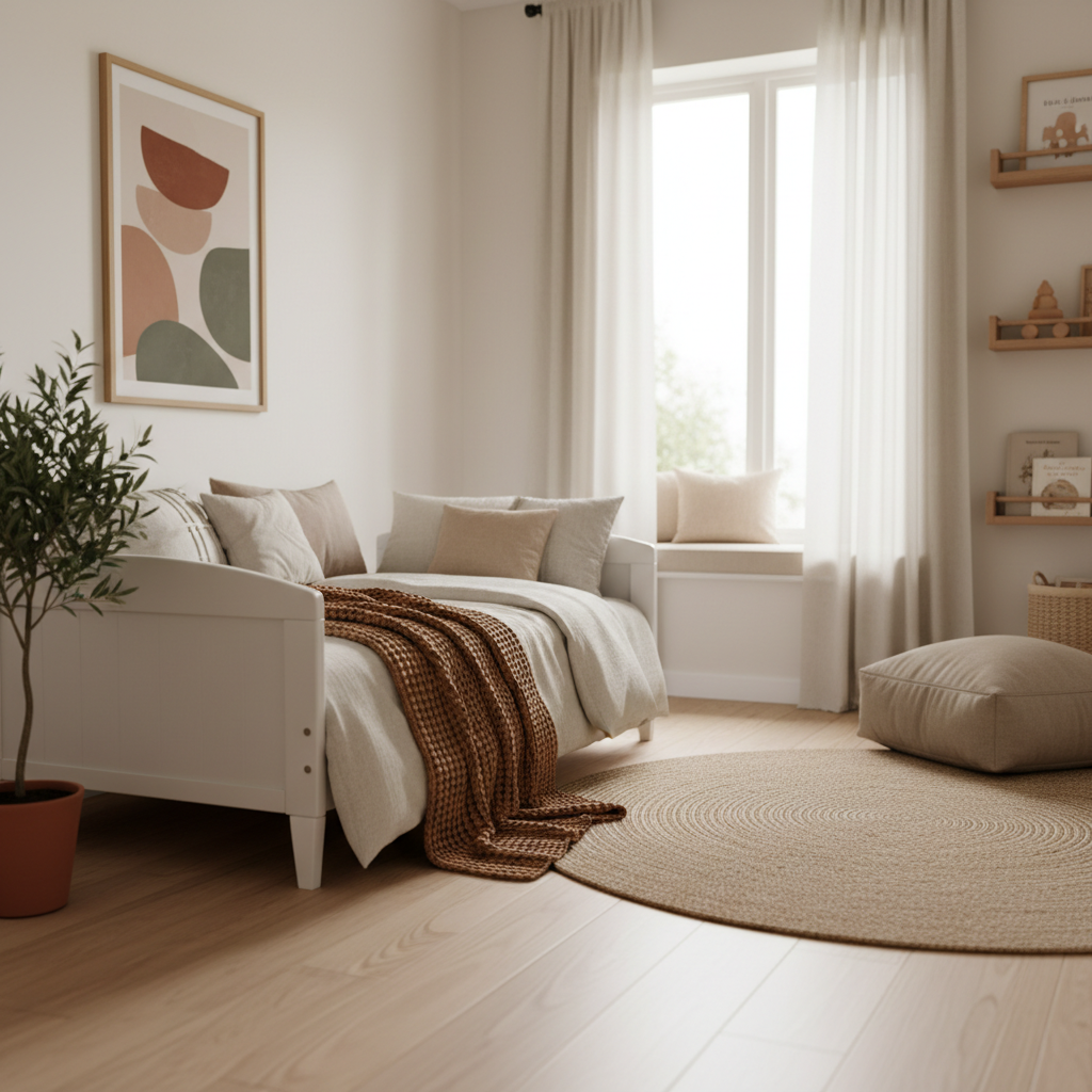 A cozy kids bedroom with warm minimalistic design featuring soft textures and neutral colors.