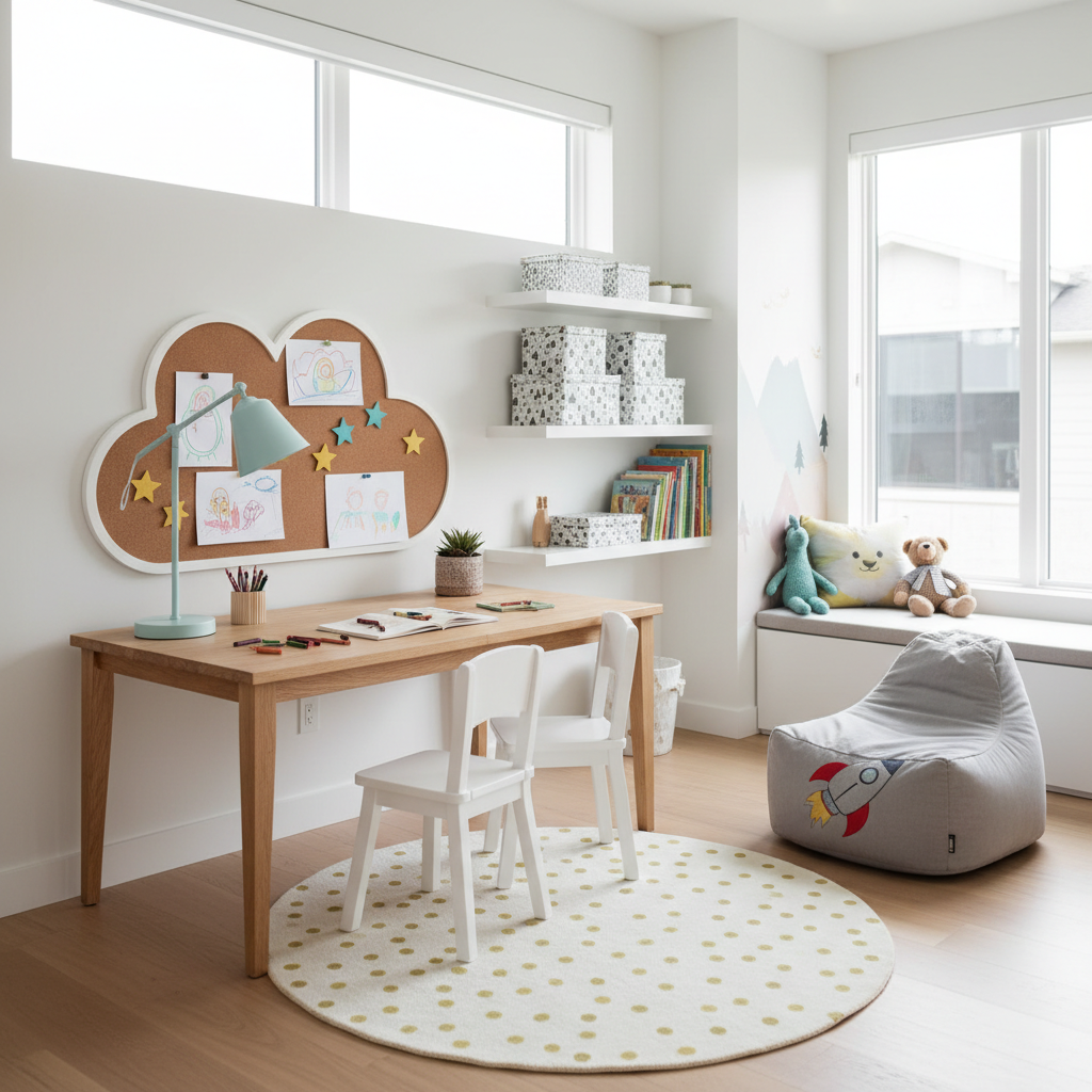 A child-friendly work area with minimalistic design elements and fun decor.