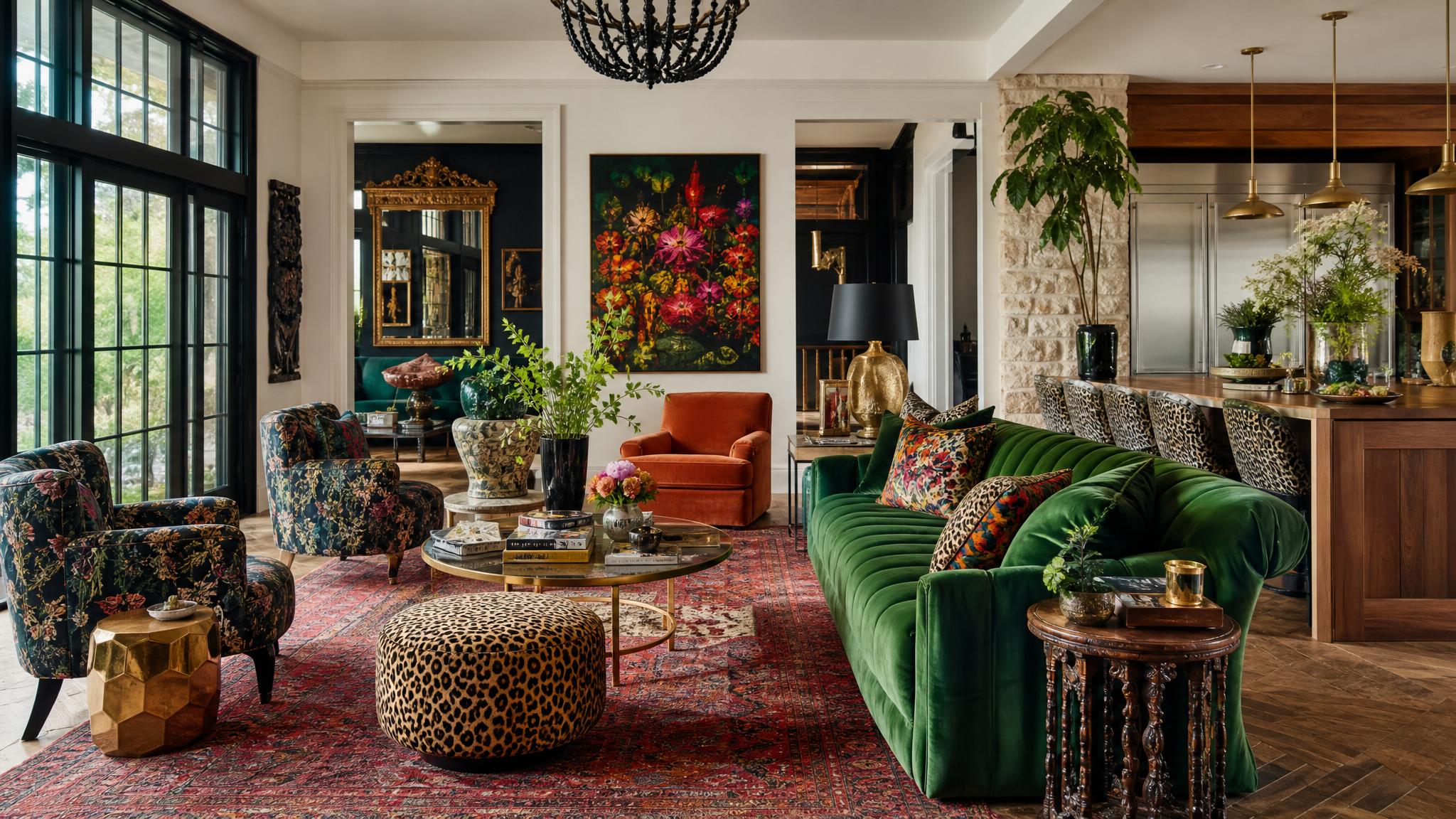 Example of a maximalist open-plan living room with bold colors and textures