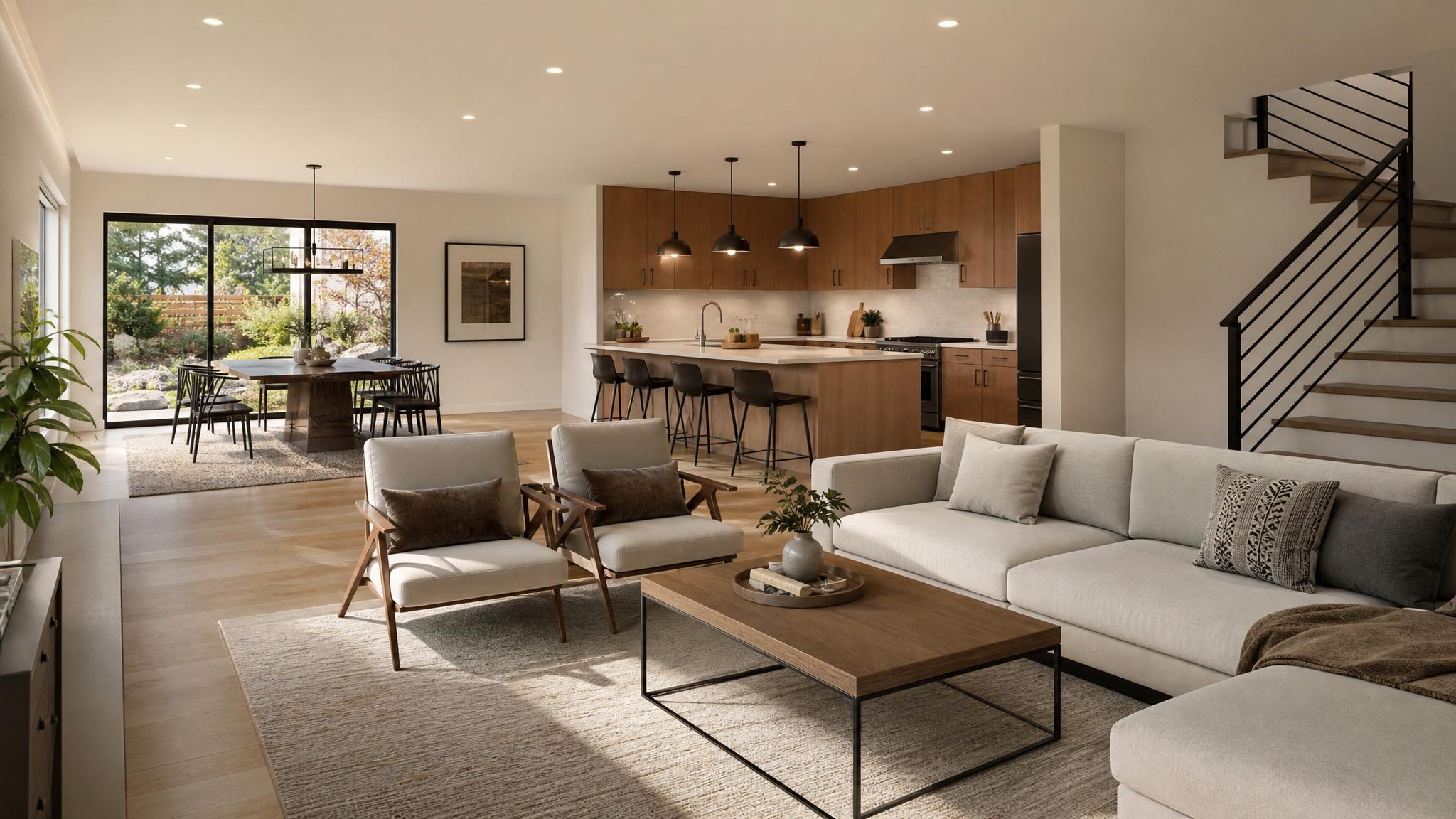 Illustration of a multi-functional open-plan living room layout