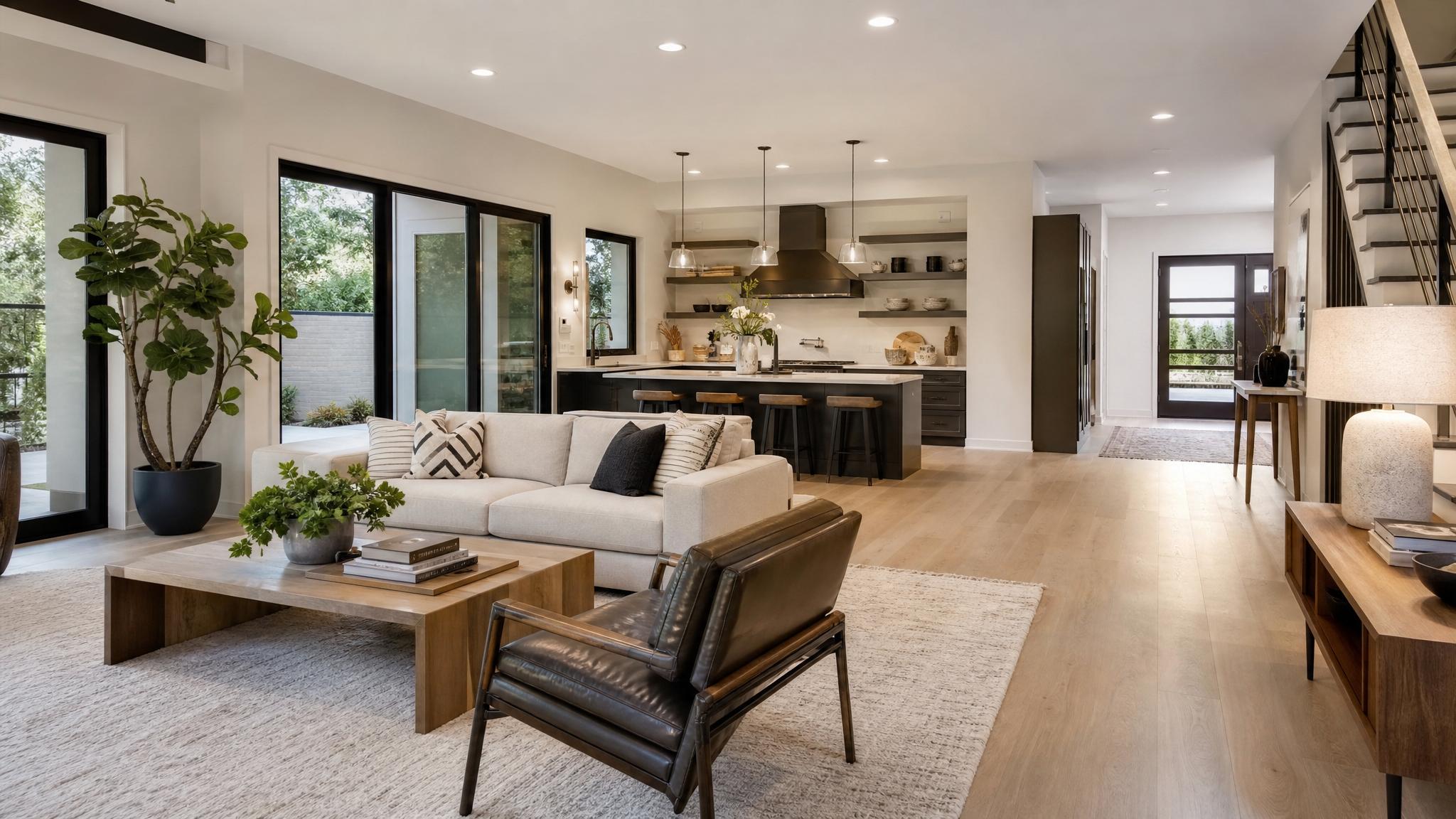 Image showcasing well-arranged modern furniture in a staged open-plan living room.