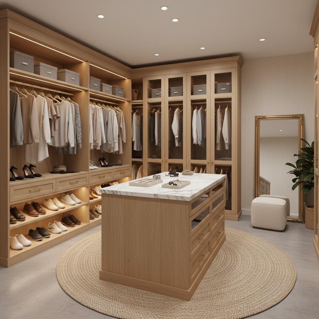 A serene and elegantly designed walk-in closet showcasing quiet luxury elements.