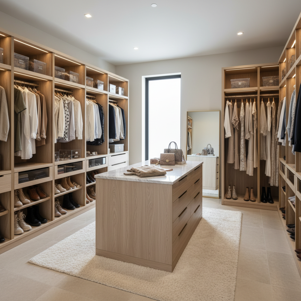 An AI-generated design of a spacious and organized closet featuring neutral tones and elegant storage solutions.