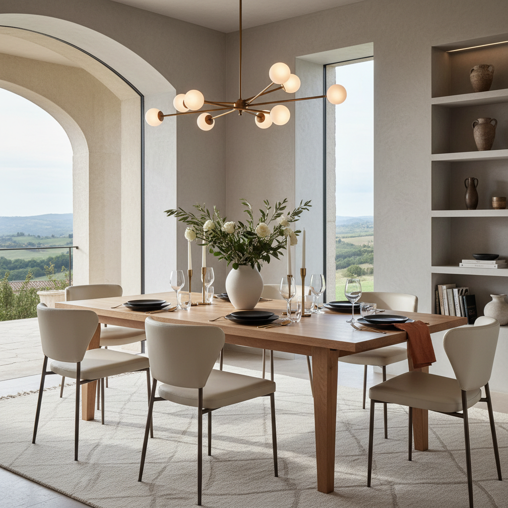Image of a dining table setup with modern Italian decor and lighting.