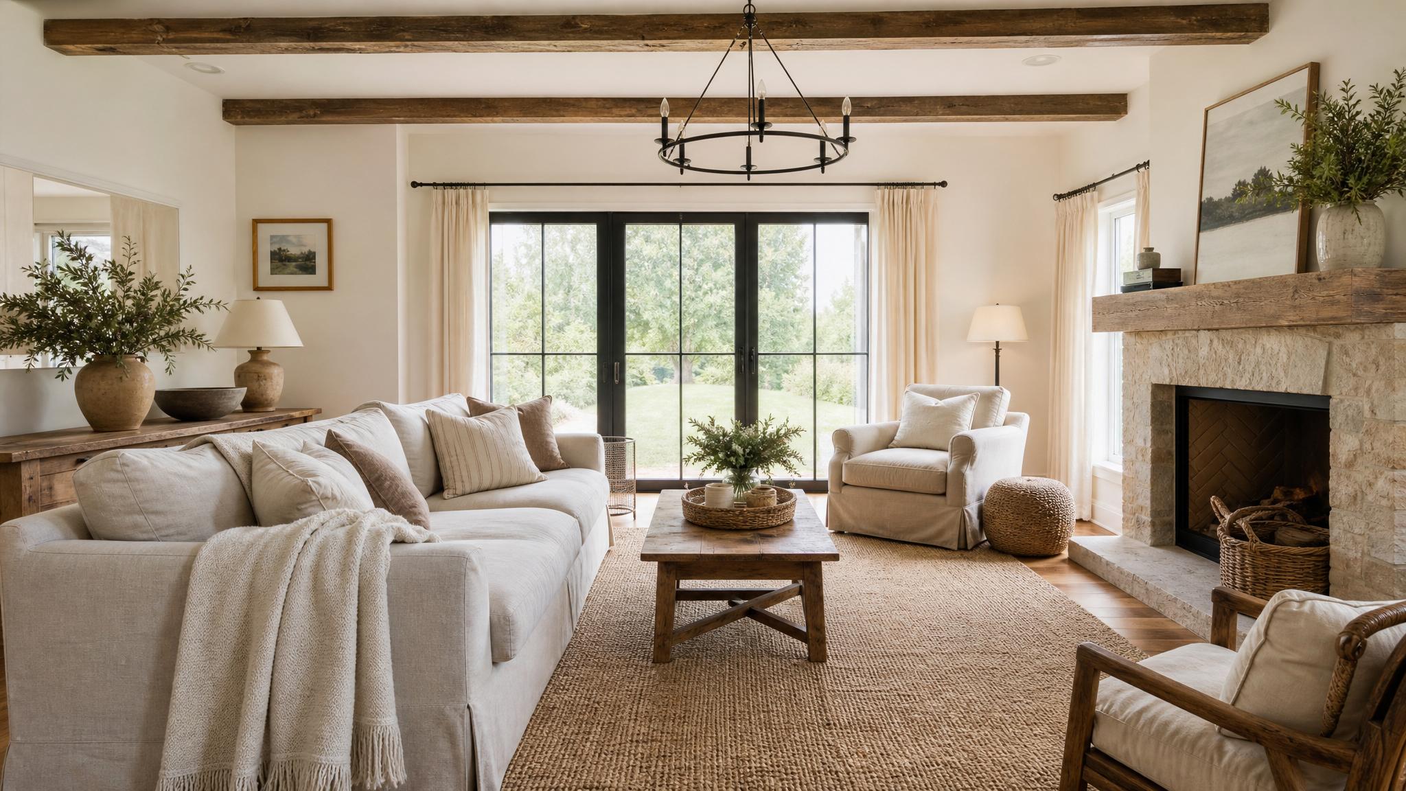 Image of a small farmhouse living room with cozy furniture and warm lighting.