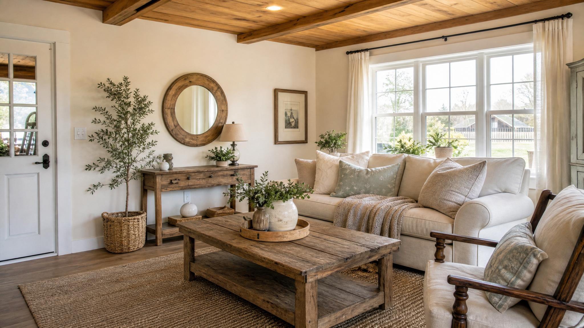 Image of rustic furniture and decor in a small living room with farmhouse charm.