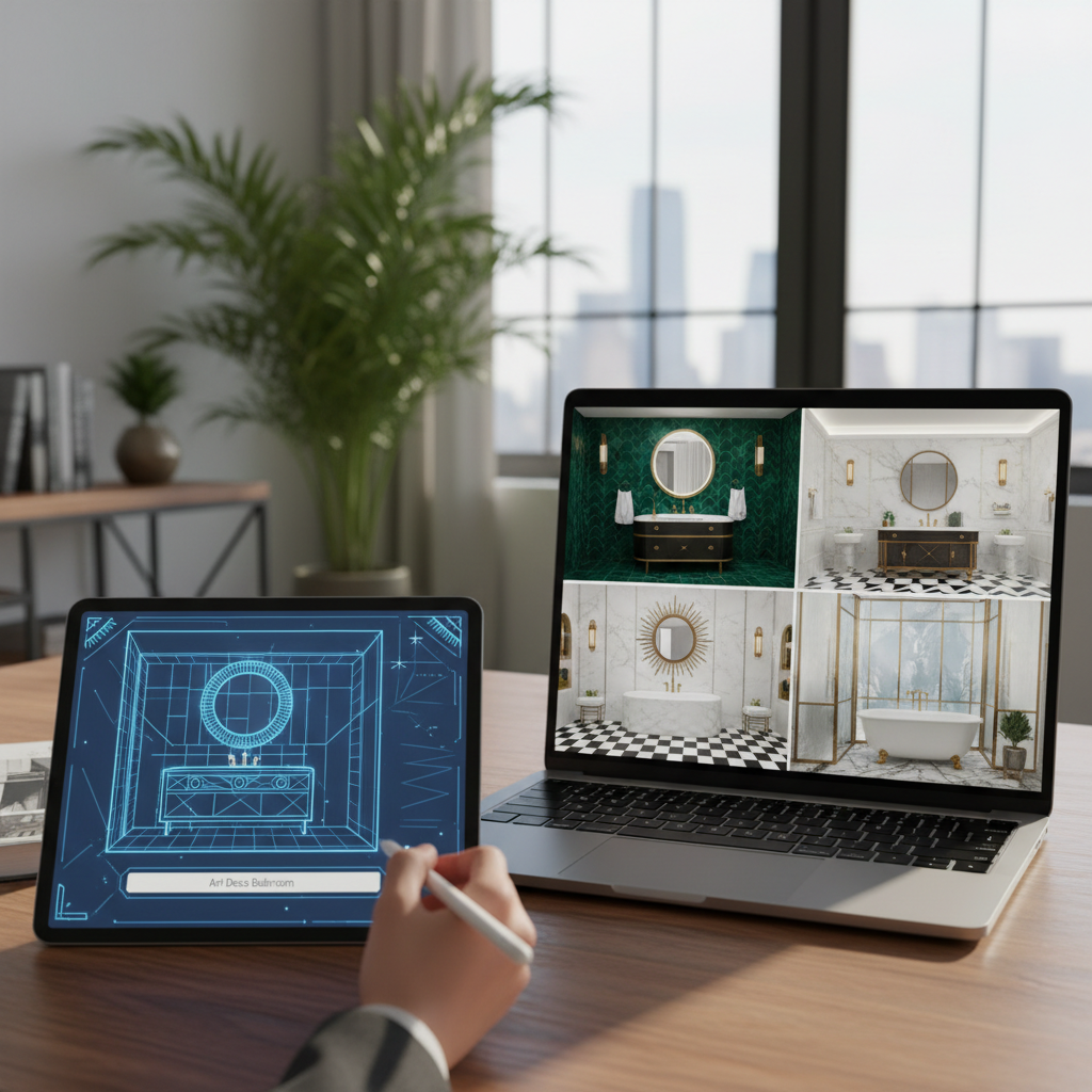 An image showing the process of using AI interior design tools to generate an art deco bathroom.