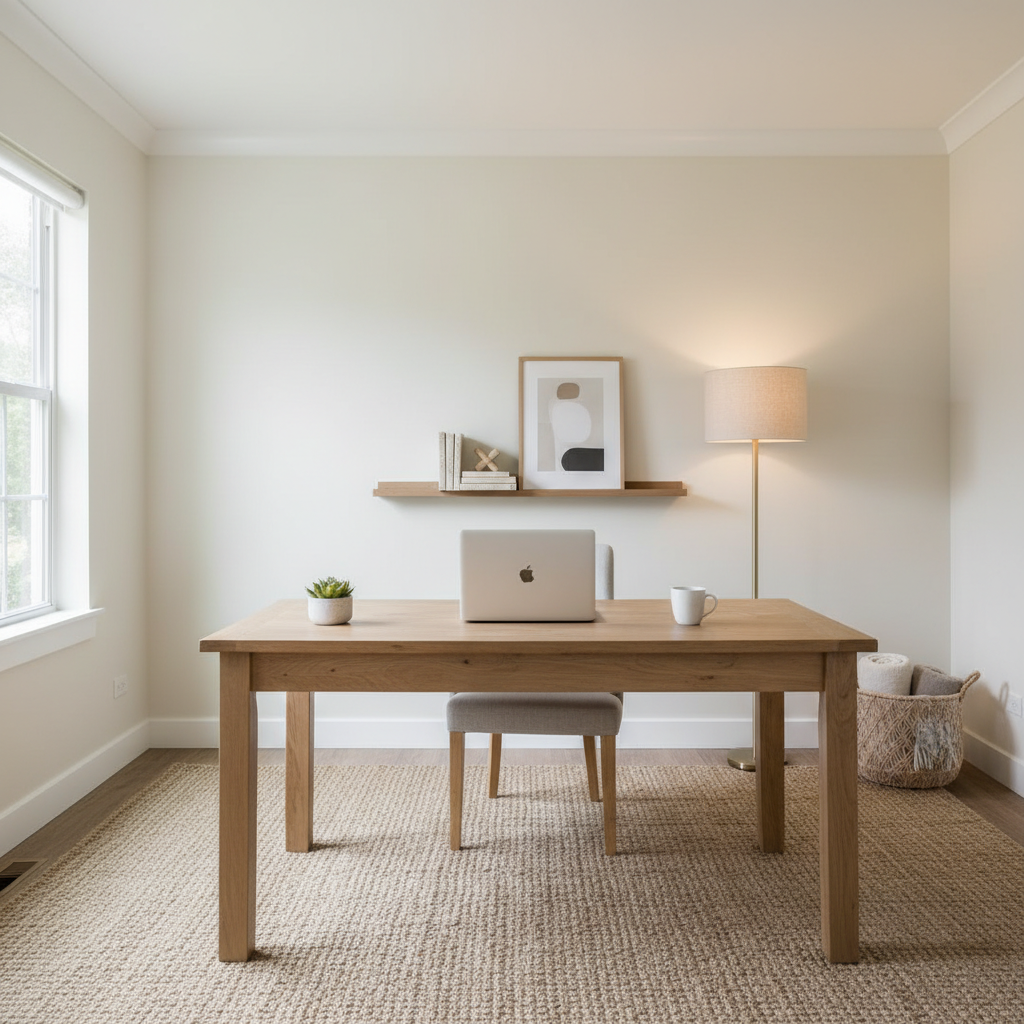 A warm minimalism home office featuring neutral tones and a clean workspace.