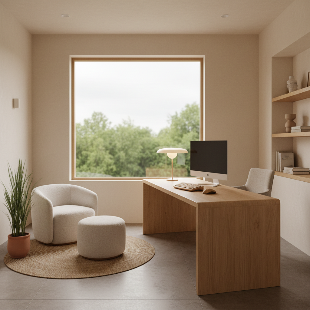 A digital rendering of a warm minimalism home office designed with AI.