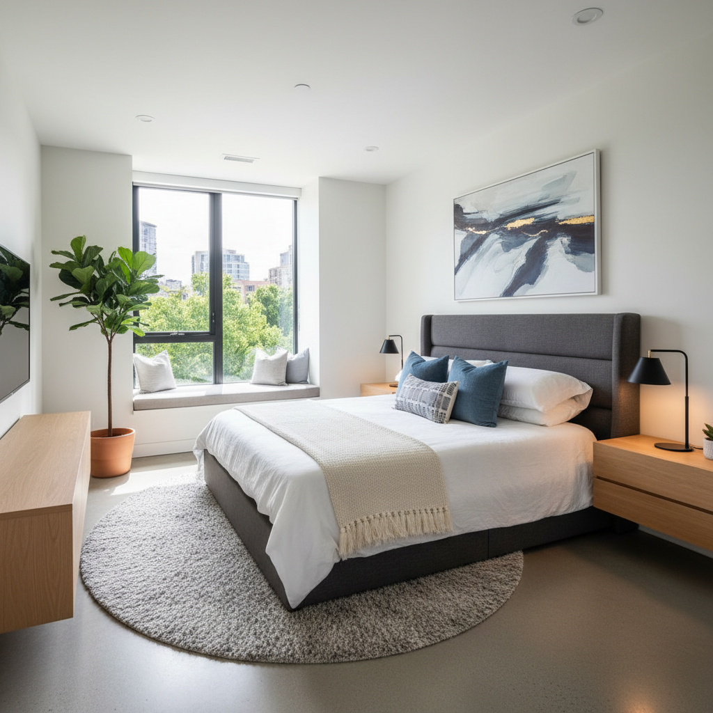 Contemporary guest bedroom with modern decor.