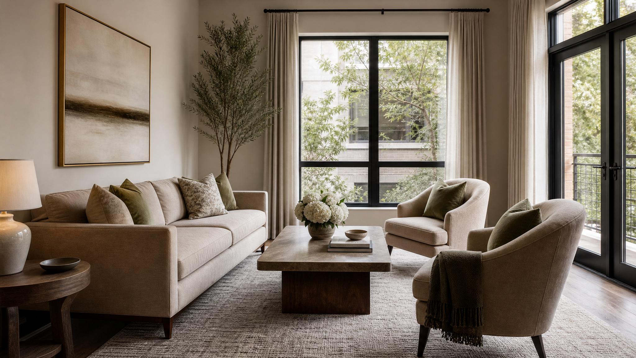 A beautifully staged small living room showcasing quiet luxury decor with muted colors and elegant furniture.