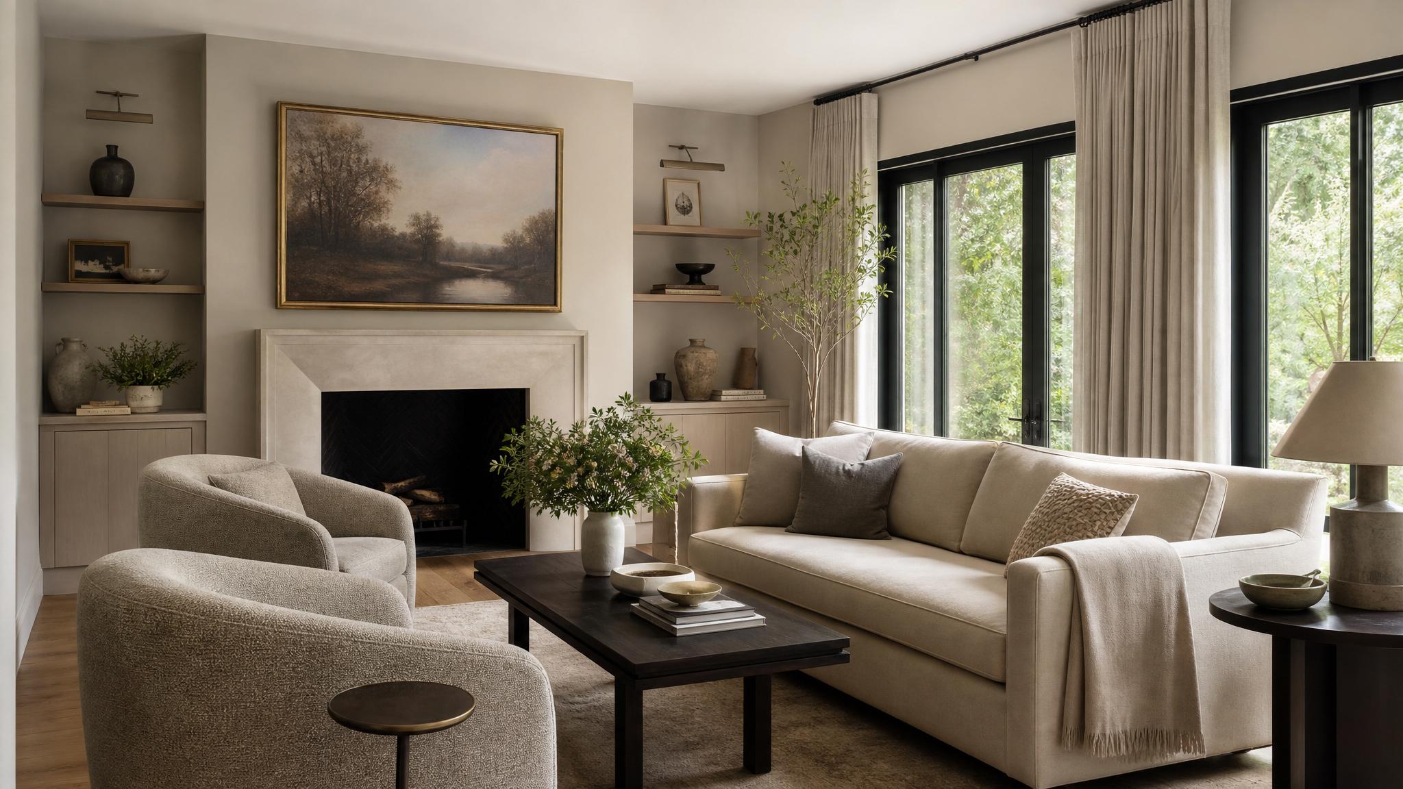 Elegant small living room furniture selections that convey a sense of quiet luxury.