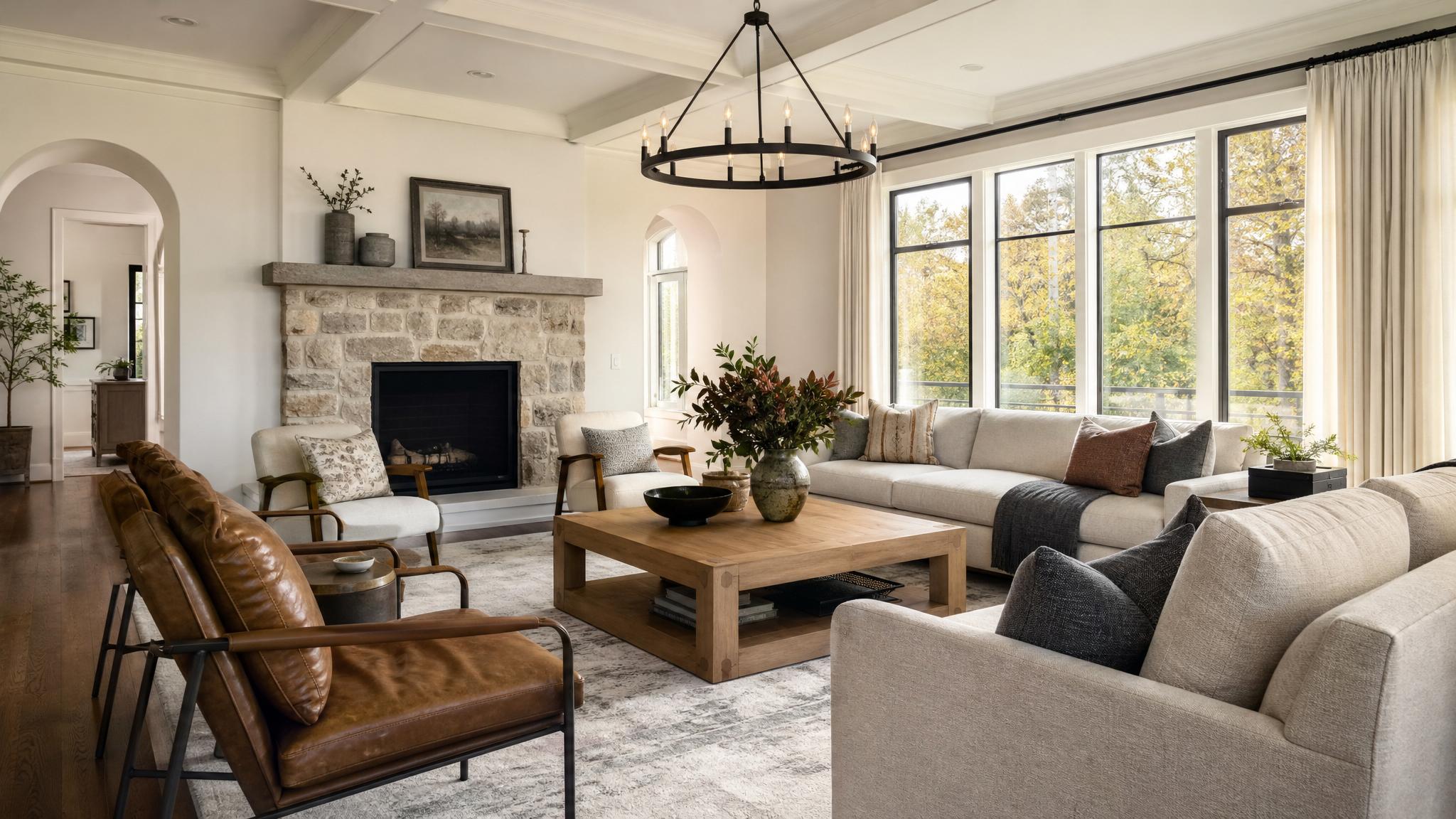 Stylish transitional living room with a blend of traditional and modern furniture.