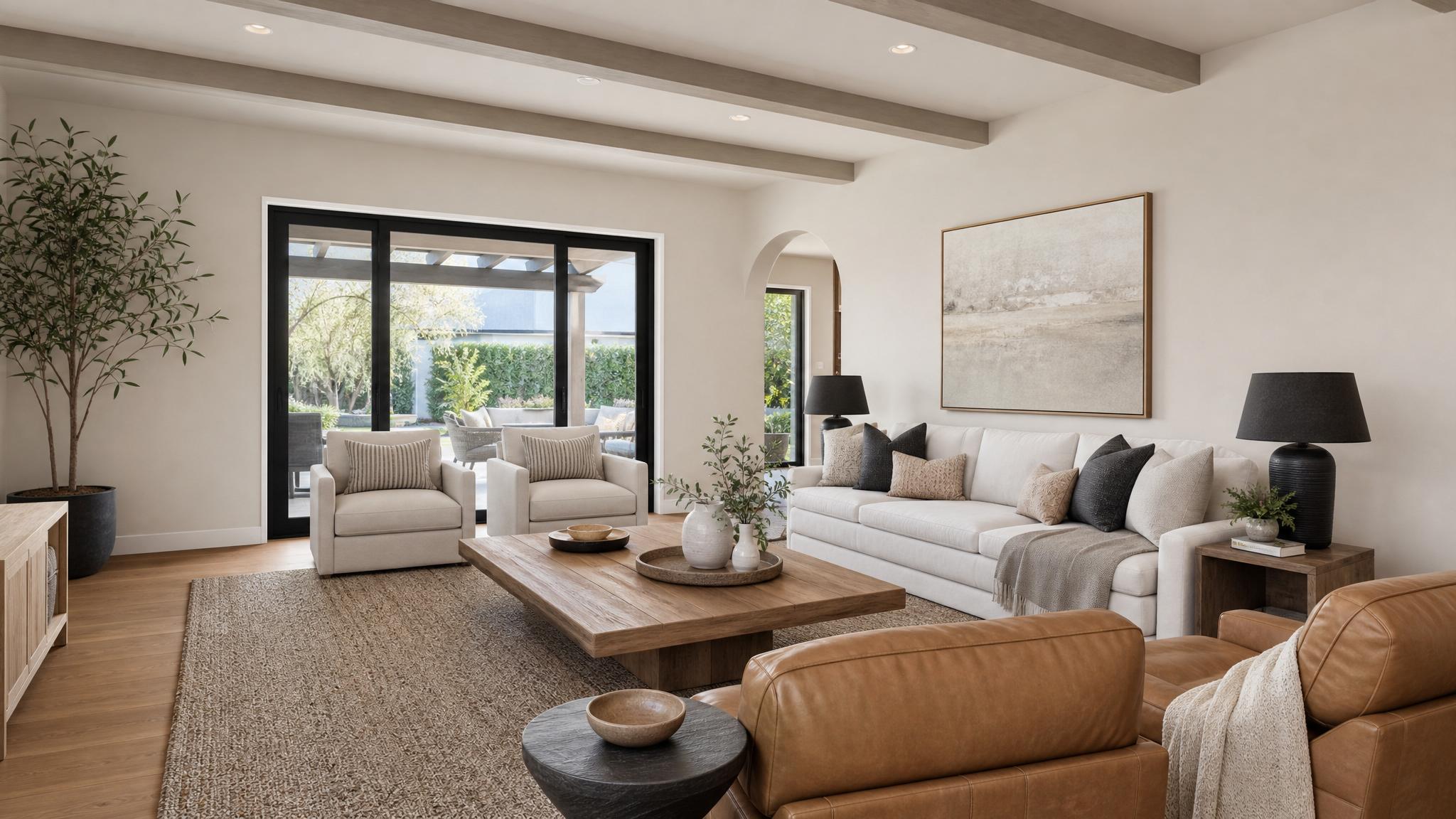 Neutral color palette in a modern transitional living room.
