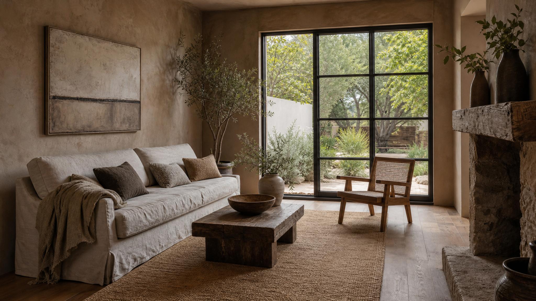 An inviting small living room showcasing wabi-sabi decor with natural materials.