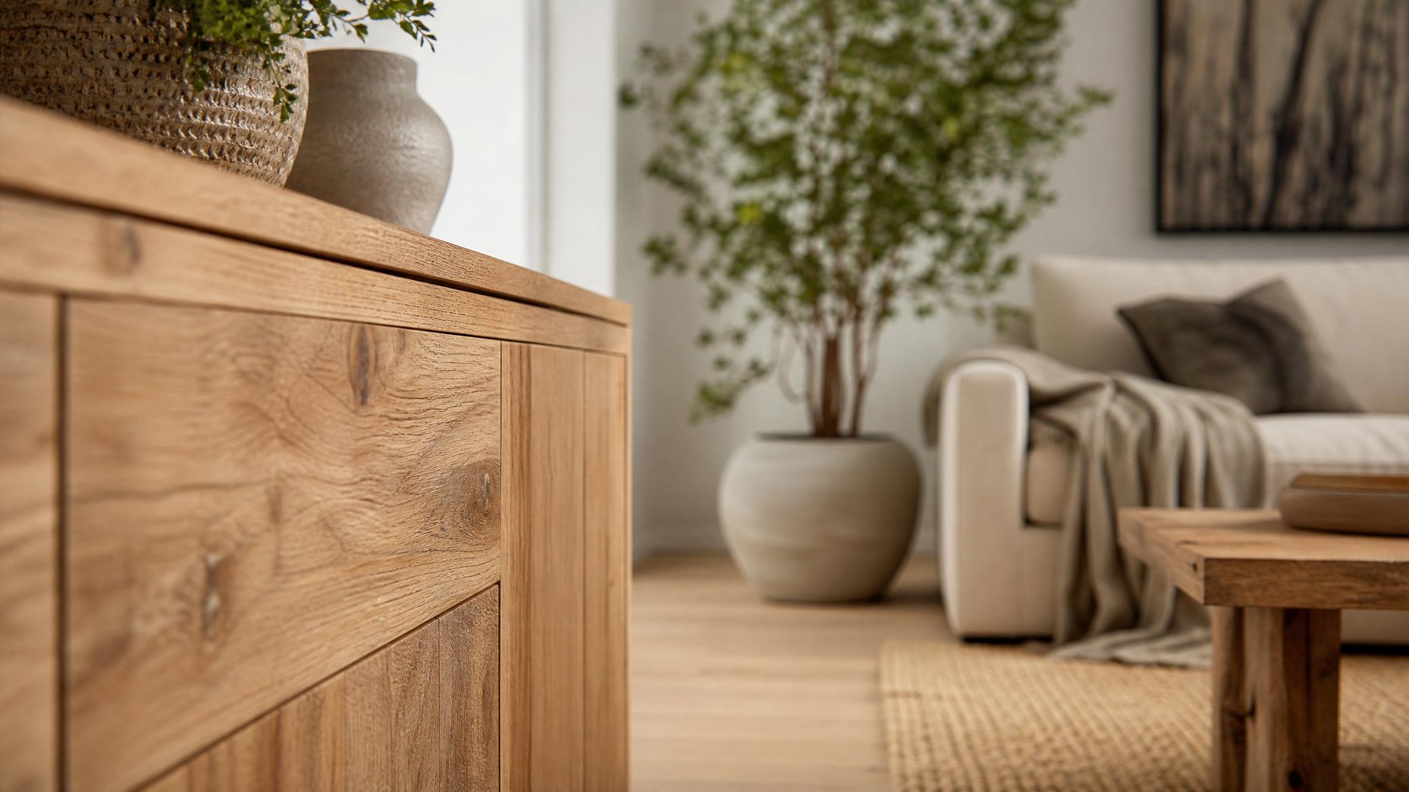 Close-up of natural wood textures in a small living room setting.