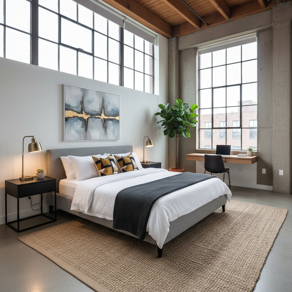 Image of an urban loft guest bedroom with modern decor and high ceilings.