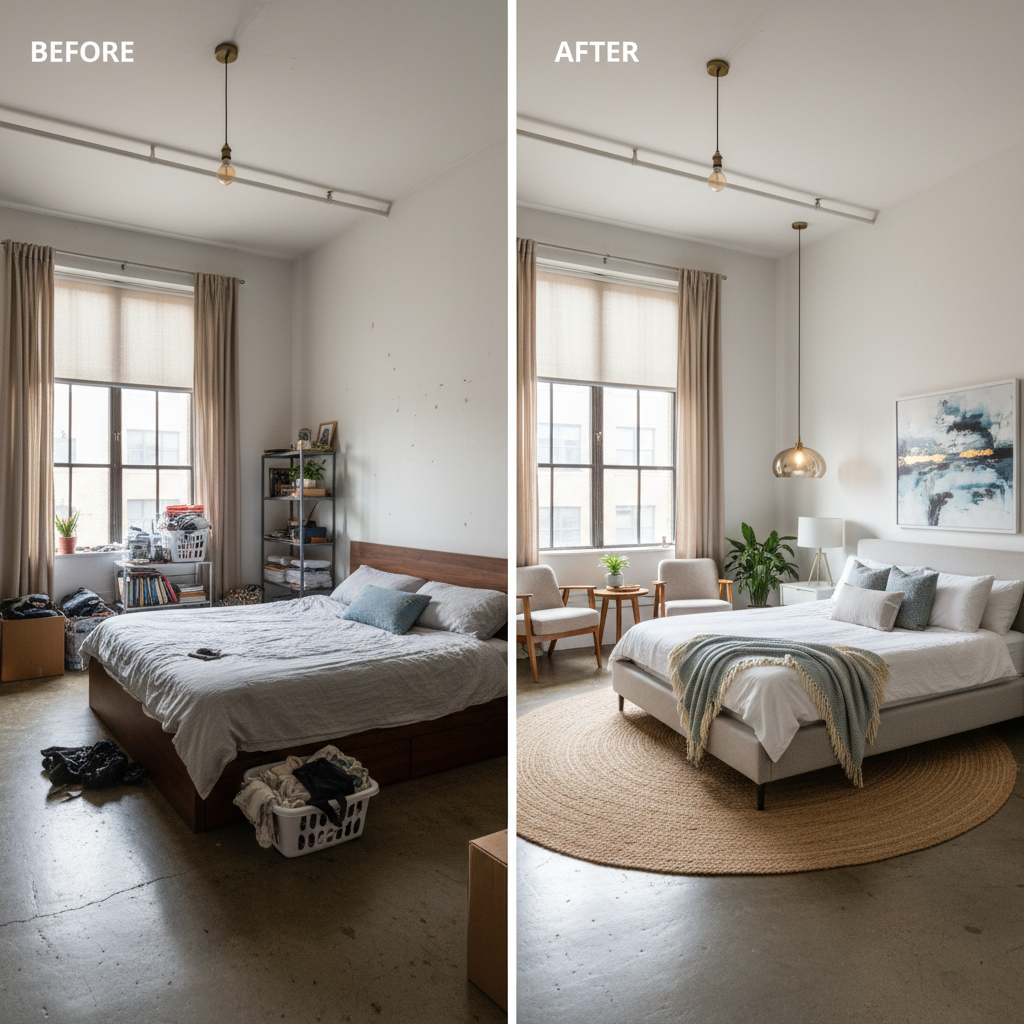 Before and after images showcasing transformation of an urban loft guest bedroom.
