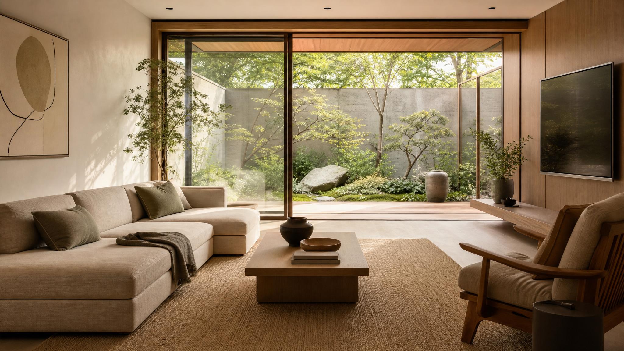 Stylish Japandi living room showcasing minimal design elements.