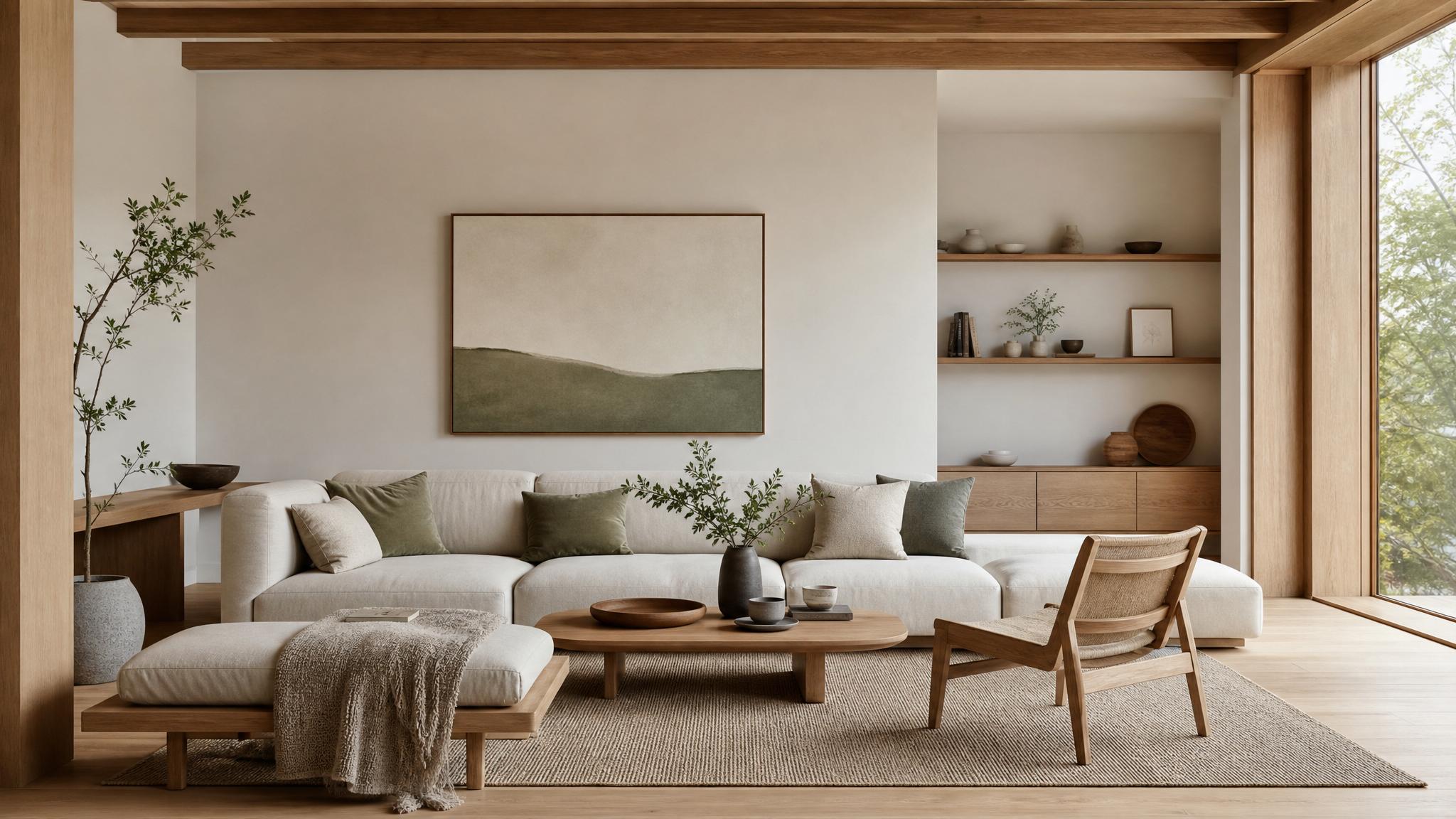 Japandi color palette examples in a living room setting.