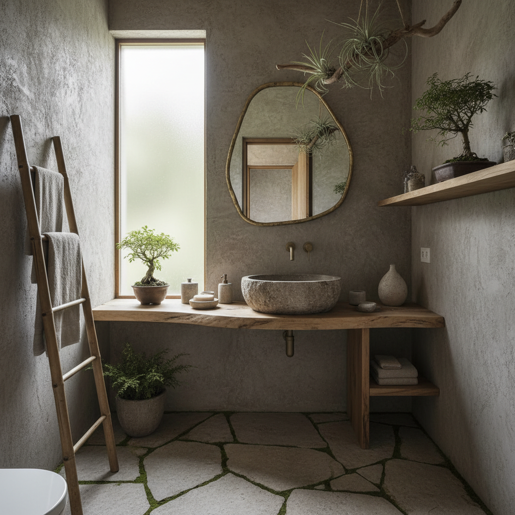 A serene wabi-sabi small bathroom with natural elements and imperfect designs.