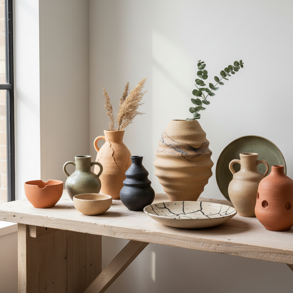 A collection of ceramics showcasing natural textures and earth tones.