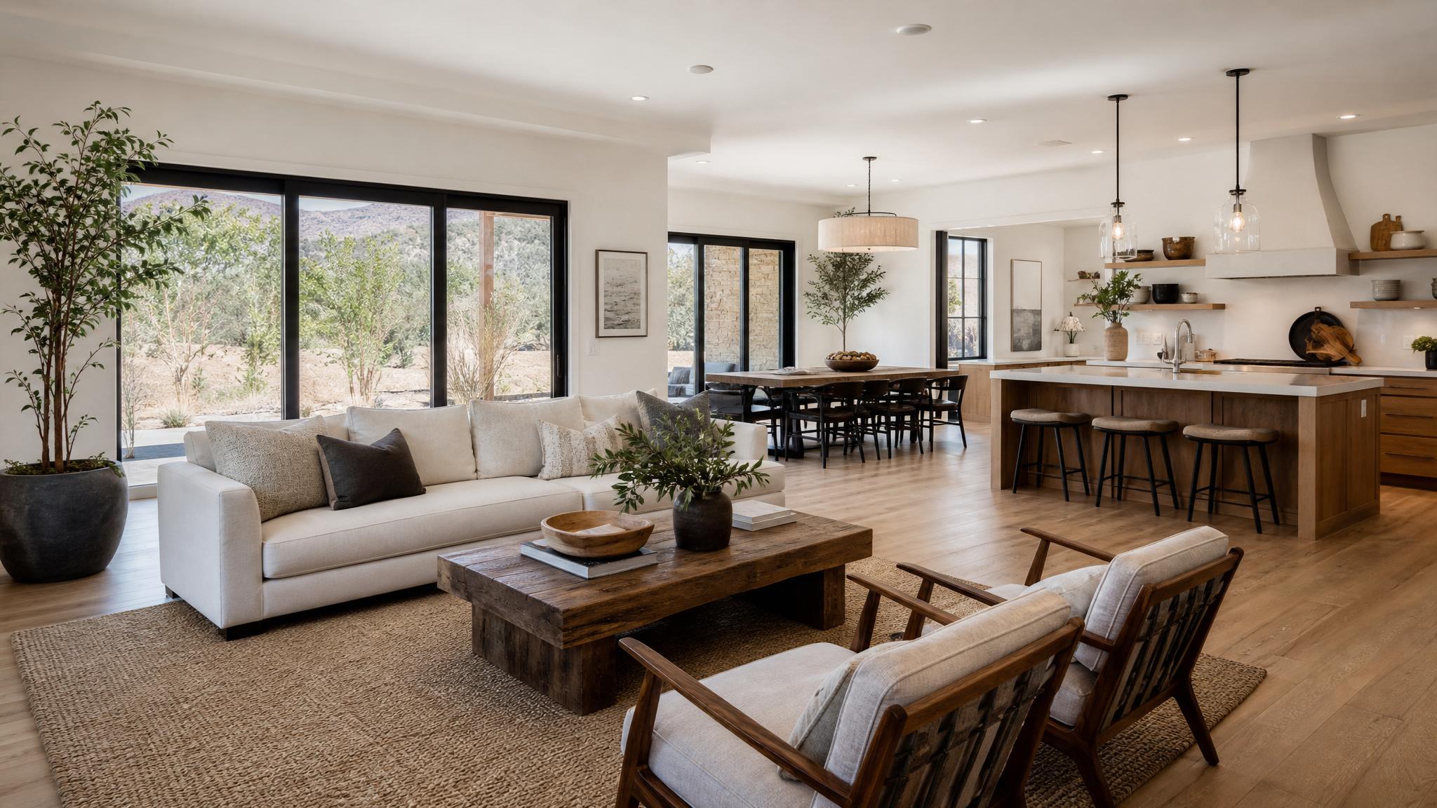 Image of a spacious open-plan living room with natural lighting.
