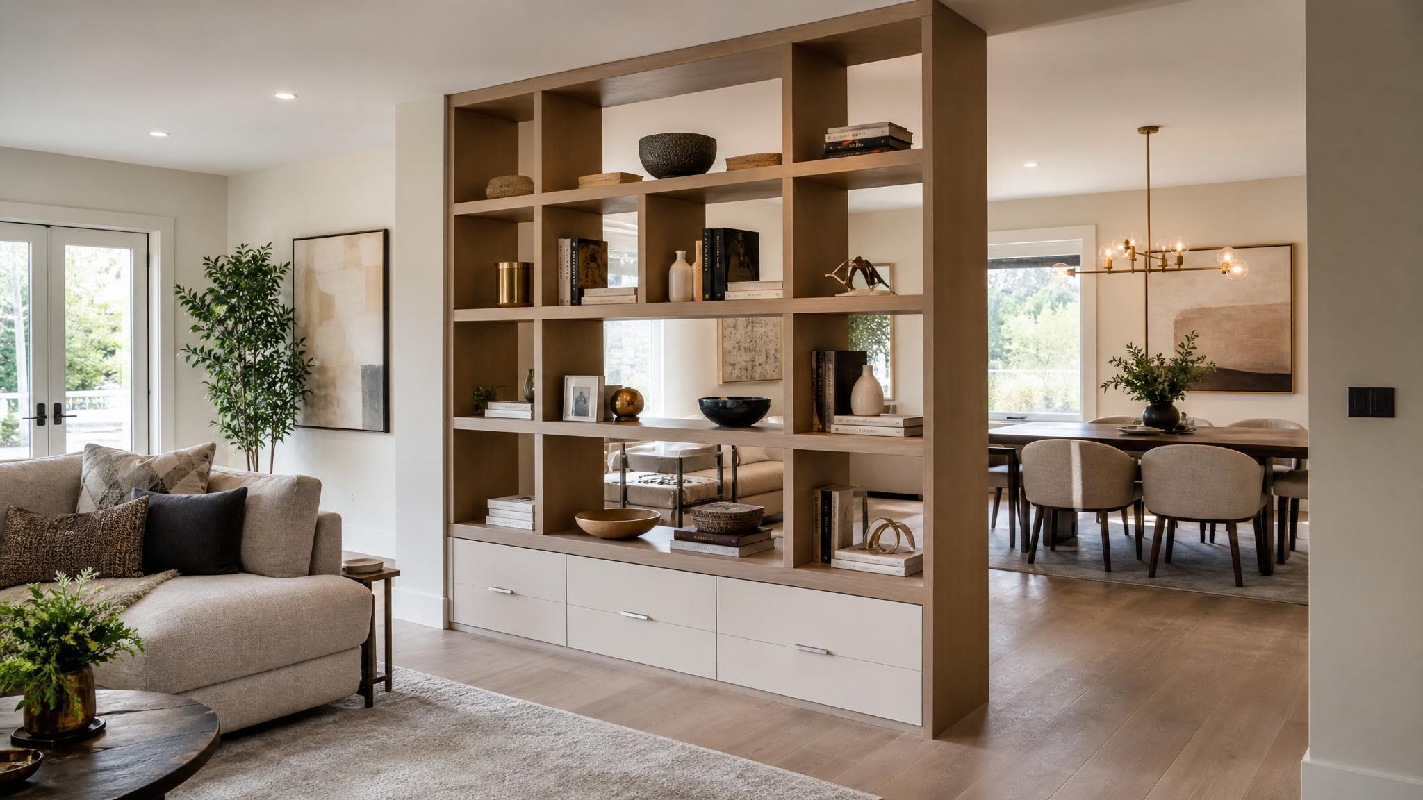 Image of built-in shelves dividing the living area from dining space.