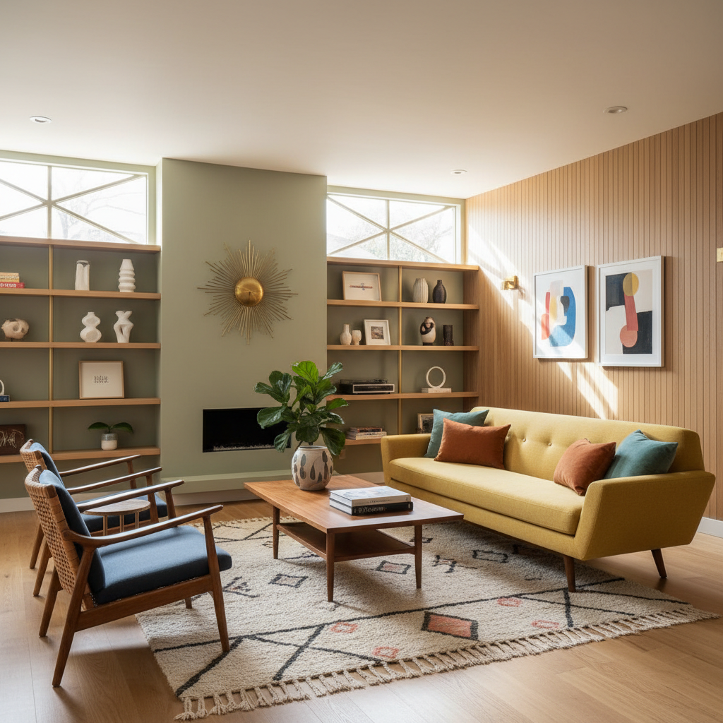 Example of a mid-century modern small living room with appropriate furniture and color palette
