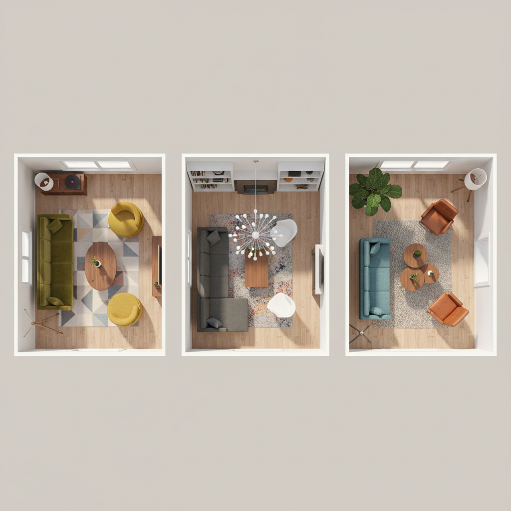 Diagram showing layout ideas for a small mid-century modern living room