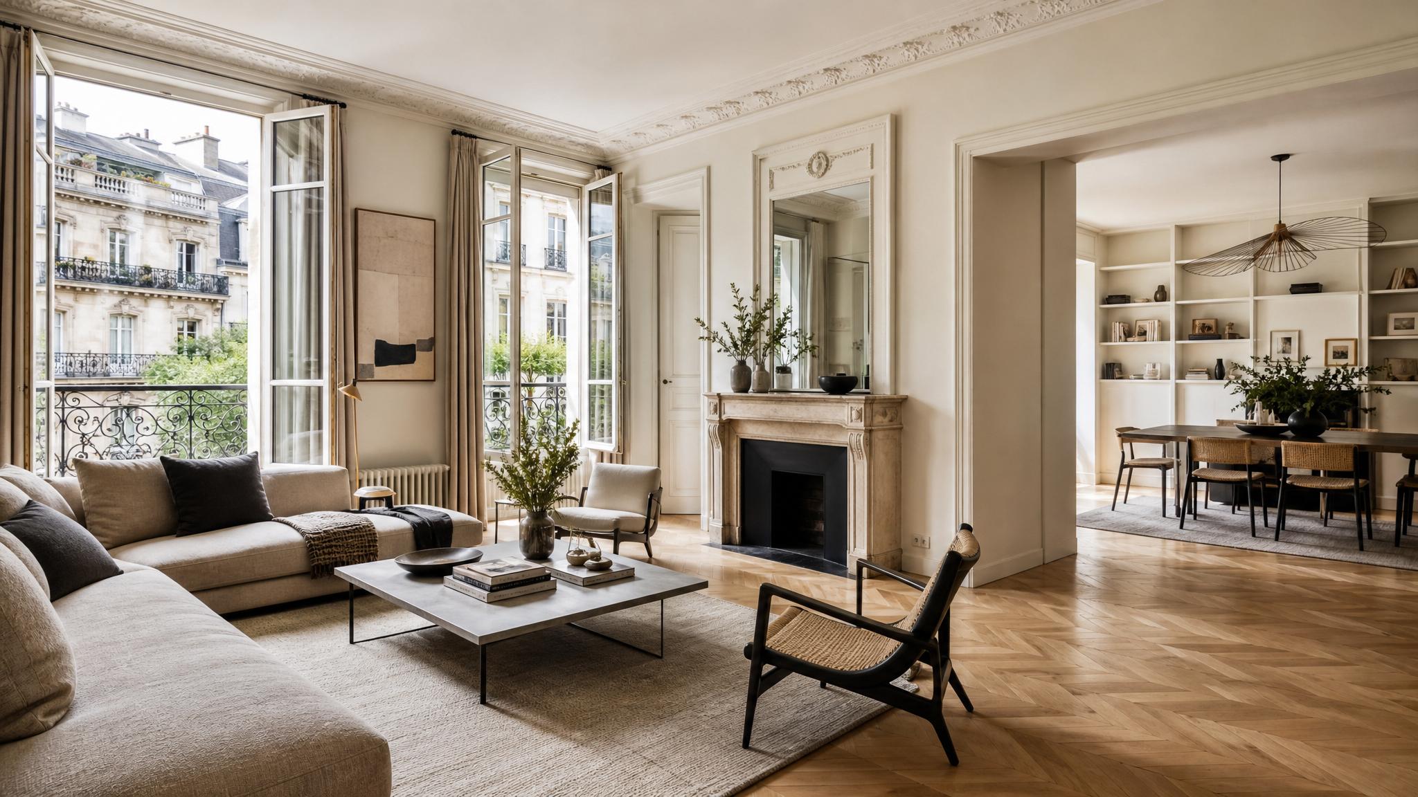 Stylish open-plan living room in a Parisian apartment